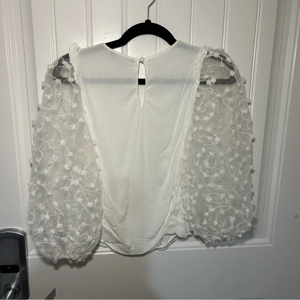 Zara White Mesh Puff Ball Balloon Sleeve Blouse Size XS